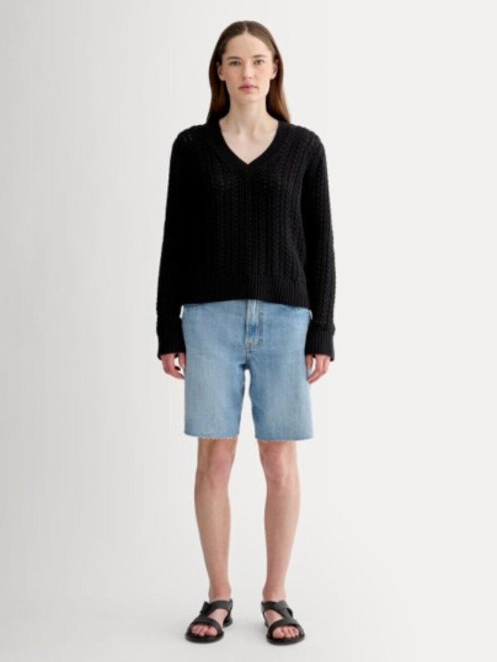 NWT EVERLANE The Mesh Cable V-Neck in Everyday Cotton BLACK Sz SMALL